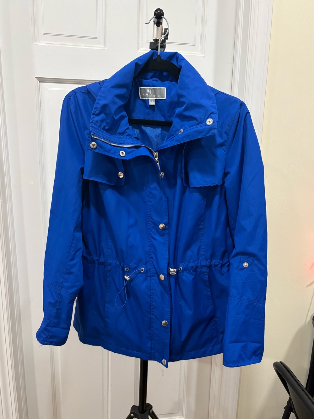 JM Collection Blue Hooded Rain Jacket